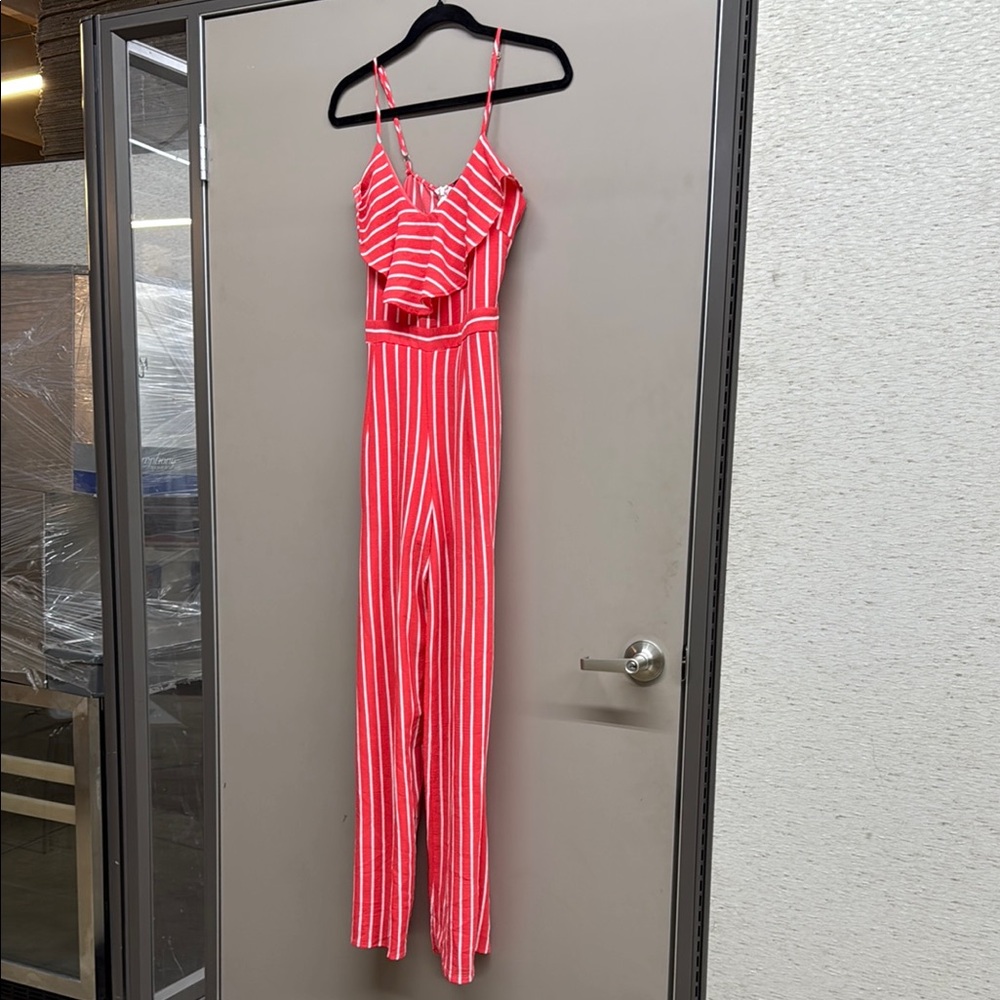 Shinestar Red and White Sleeveless Jumpsuit with Belt